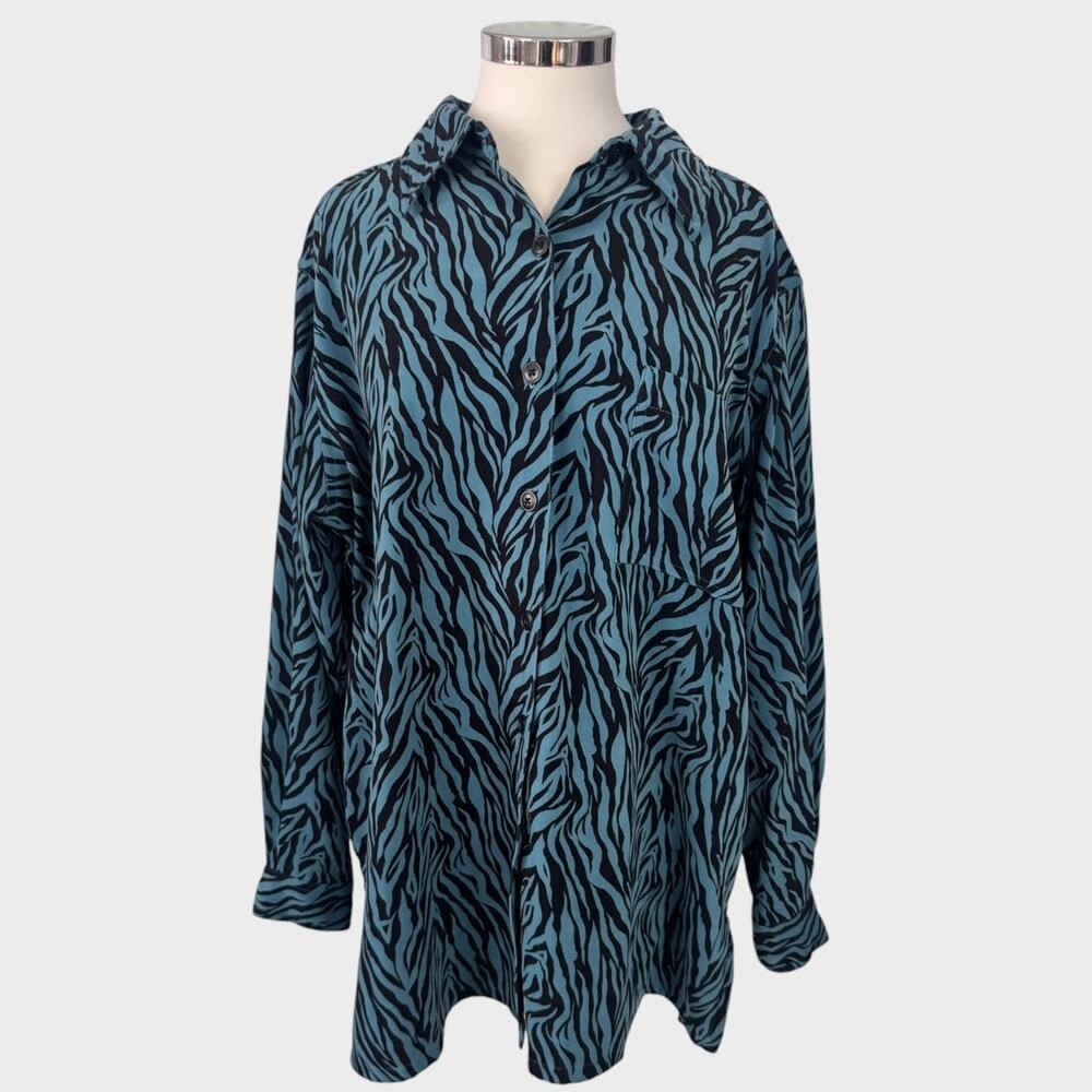 Denim & Co, Womens Plus Size 1X Green Black Button Front Shirt